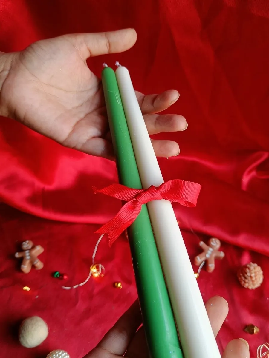 Christmas Taper Candle - Green and White- Set of 2