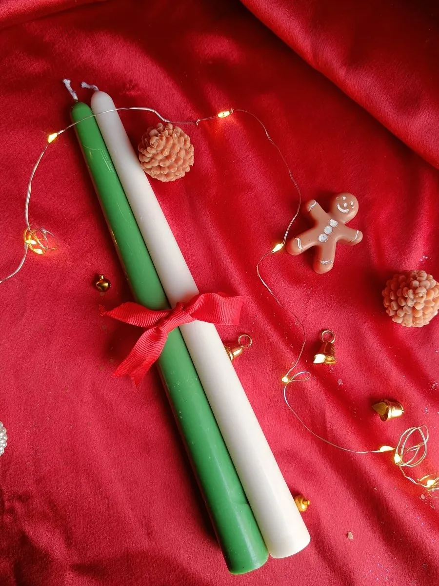 Christmas Taper Candle - Green and White- Set of 2
