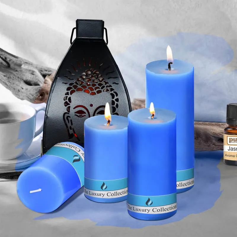 Pure Source India Praffin Wax Pillar Candle for Home Decor, Restaurant, Party Candles – Decoration Dinner Wedding Smokeless & Dripless Pillar Candles Pack of 4 (Ocean Breeze)
