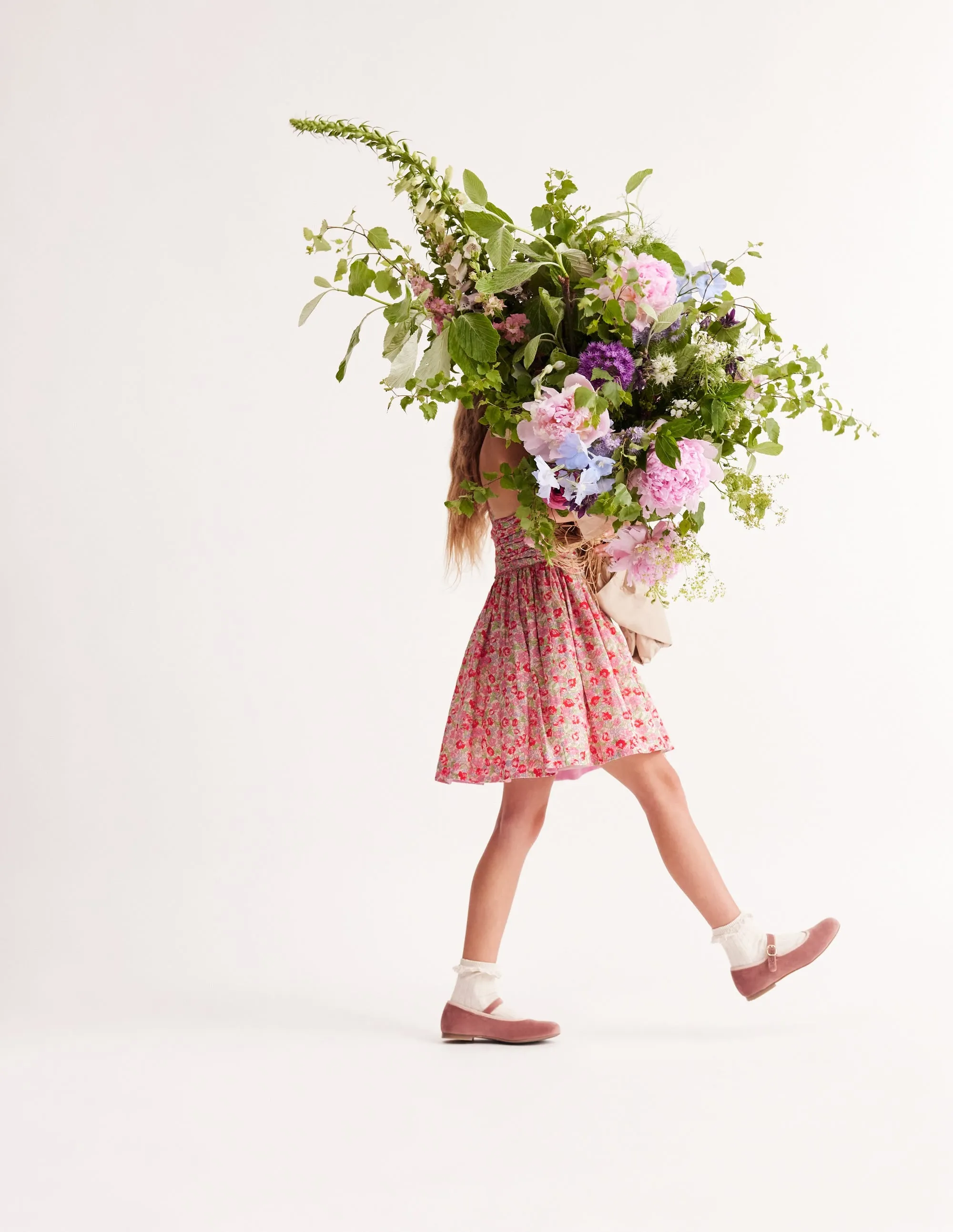 Ruched Cotton Linen Dress-Bubblegum Peony Floral