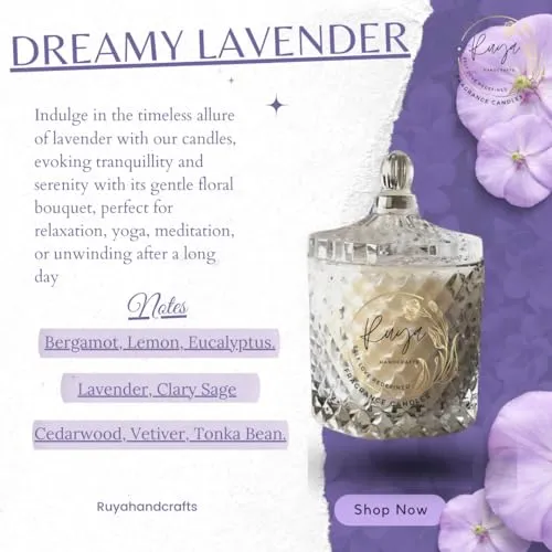 Ruya's Handcrafts Ella Crystal Jar Single Wick Clear Quartz Stone | Evoking Tranquillity and Serenity Therapy Candle | Manifestation Glow Candle (Dreamy Lavender)