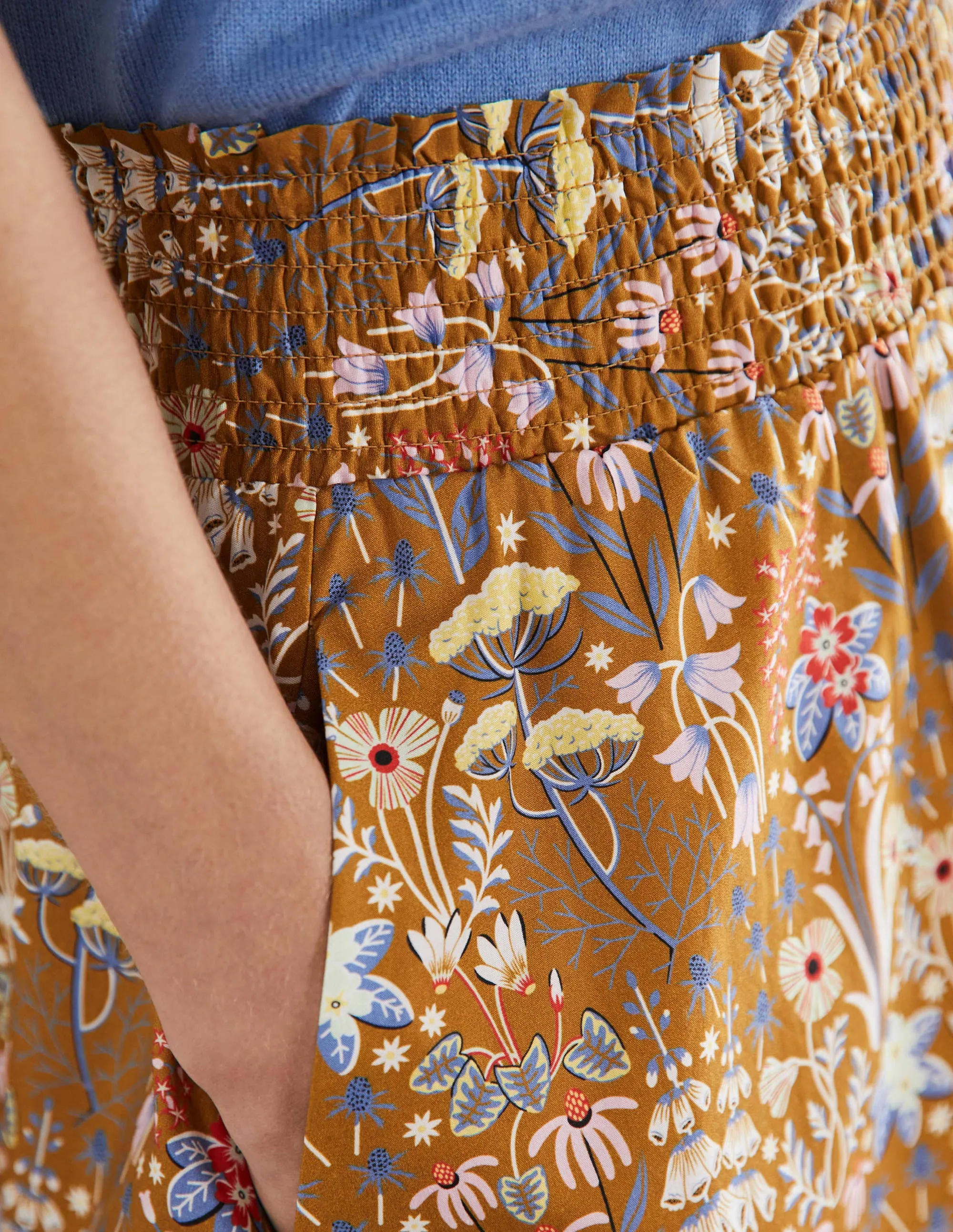 Shirred Waist Cotton Skirt-Frankincense, Wildflower Bloom