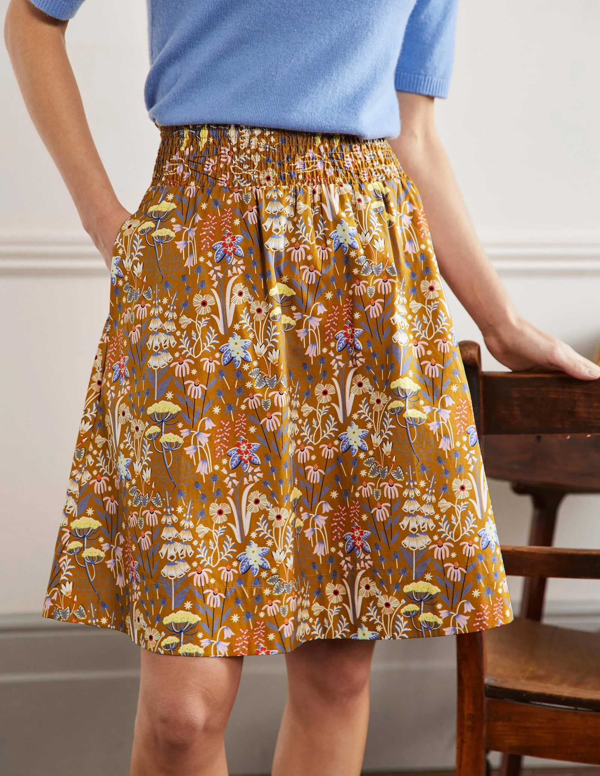 Shirred Waist Cotton Skirt-Frankincense, Wildflower Bloom