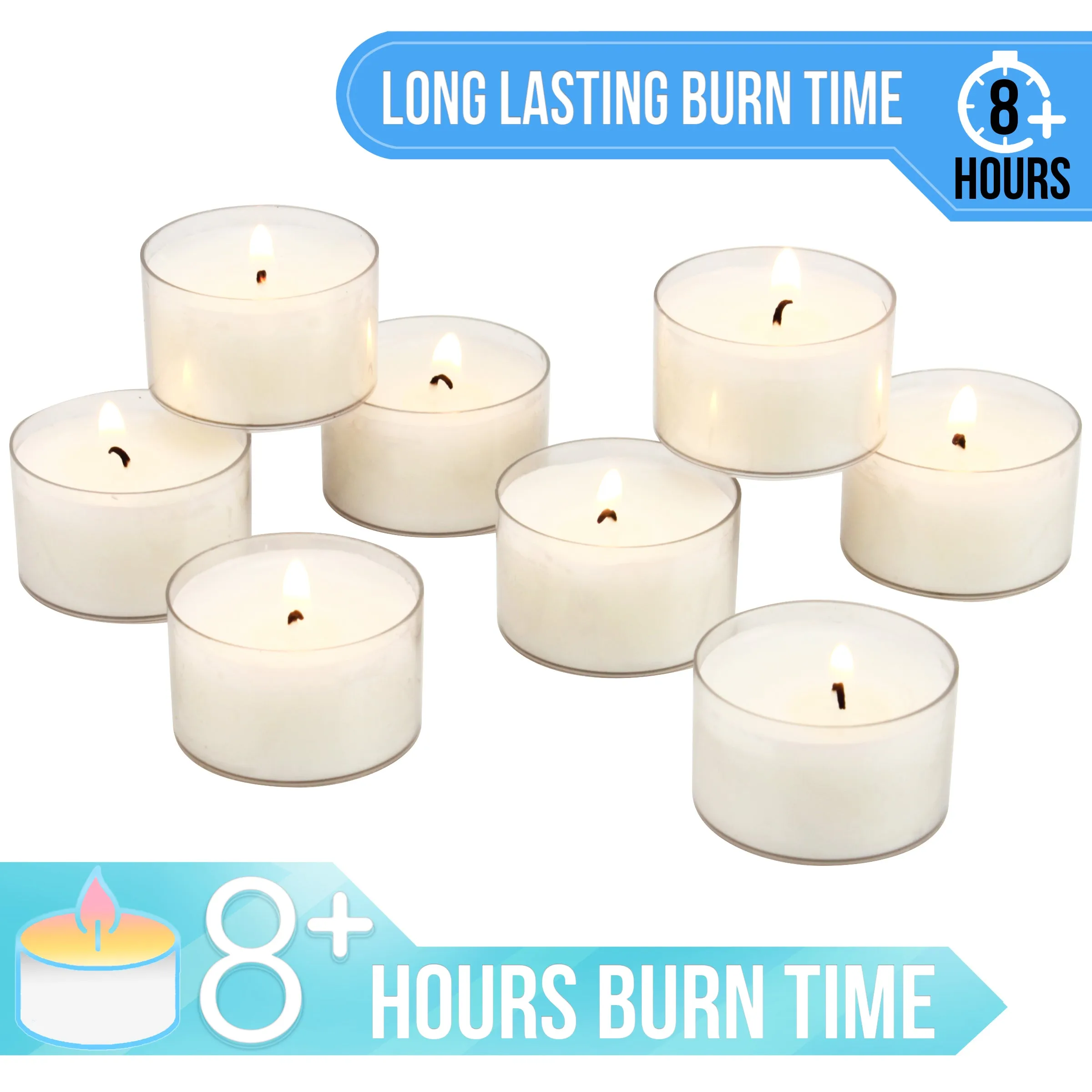 Unscented Long Burning Clear Cup Tealight Candles, 8 Hour Extended Burn Time, White (Bulk 48 Pack)